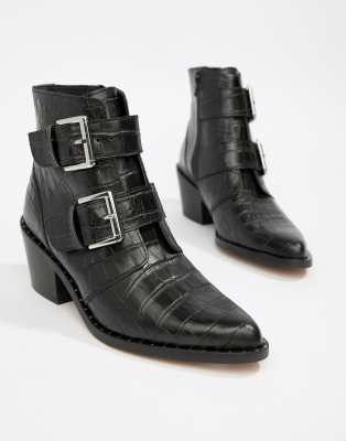 kurt geiger denny black croc effect black ankle boots with buckle detail