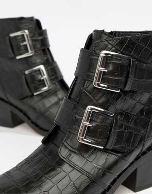 kurt geiger denny black croc effect black ankle boots with buckle detail