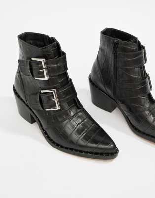 kurt geiger denny black croc effect black ankle boots with buckle detail