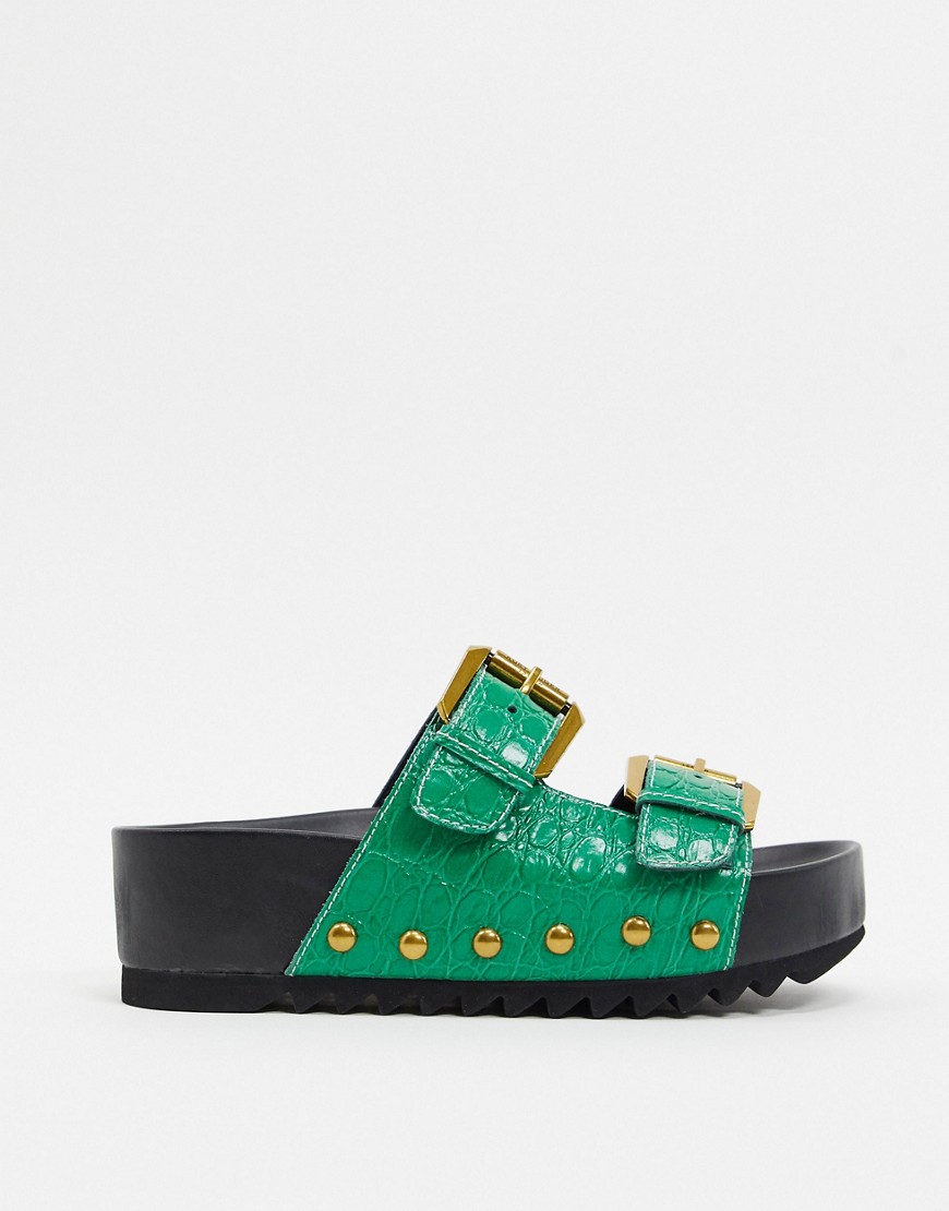 Kurt Geiger London – Deven – Gröna krokodilskinnsmönstrade sandaler av läder