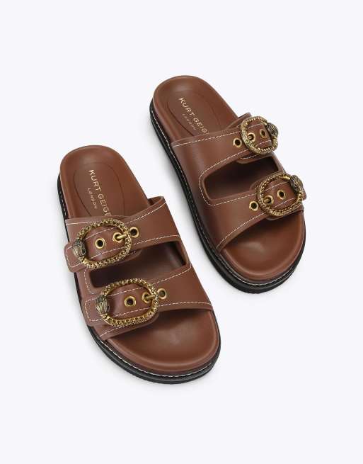 Kurt Geiger London Mayfair 2 buckle sandal flat sandals in tan, 2 of 4