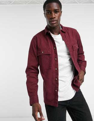 Однотонные рубашки Куртка-рубашка из ткани саржа винного цвета ASOS DESIGN-Красный