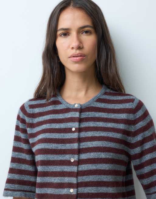 kurzärmlige Strickjacke mit grauen und burgunderroten Streifen, 2 von 4