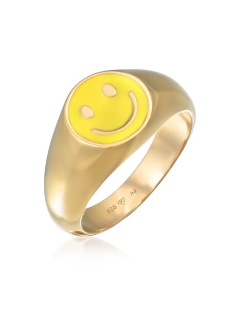 Kuzzoi - Chevalière en émail noir et argent massif 925 avec détail smiley - Jaune - view 1