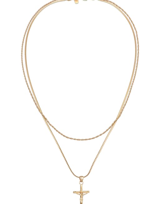 Kuzzoi – Mehrlagige Halskette für Herren aus 925er-Sterlingsilber in Gold-Optik mit Kreuz-Anhänger