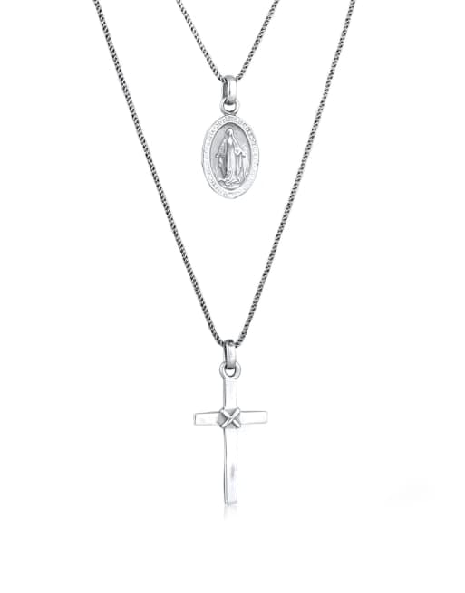 Kuzzoi – Zweireihige, silberfarbene Festival-Halskette für Herren, aus 925er-Sterlingsilber mit Kreuz- und Maria-Anhänger