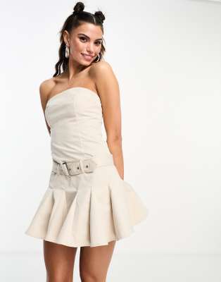 Kyo The Brand Bandeau Belt Detail Pleated Micro Mini Dress In Cream-white