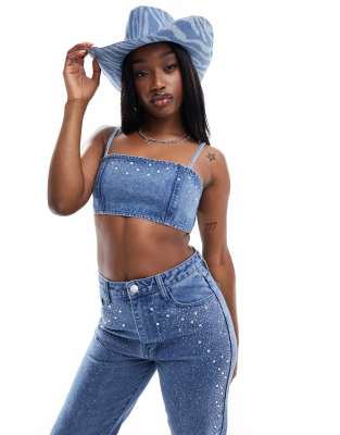 Kyo The Brand - Camisole-Bustier aus Denim in verwaschenem Blau mit Schmucksteindetails, Kombiteil