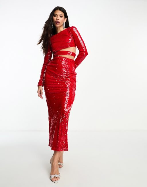 Kyo – The Brand – Czerwona cekinowa sukienka maxi z długimi rękawami i wycięciem