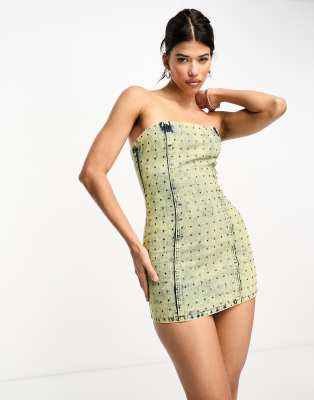 KYO Kyo The Brand denim bandeau diamante mini dress in khaki-Green