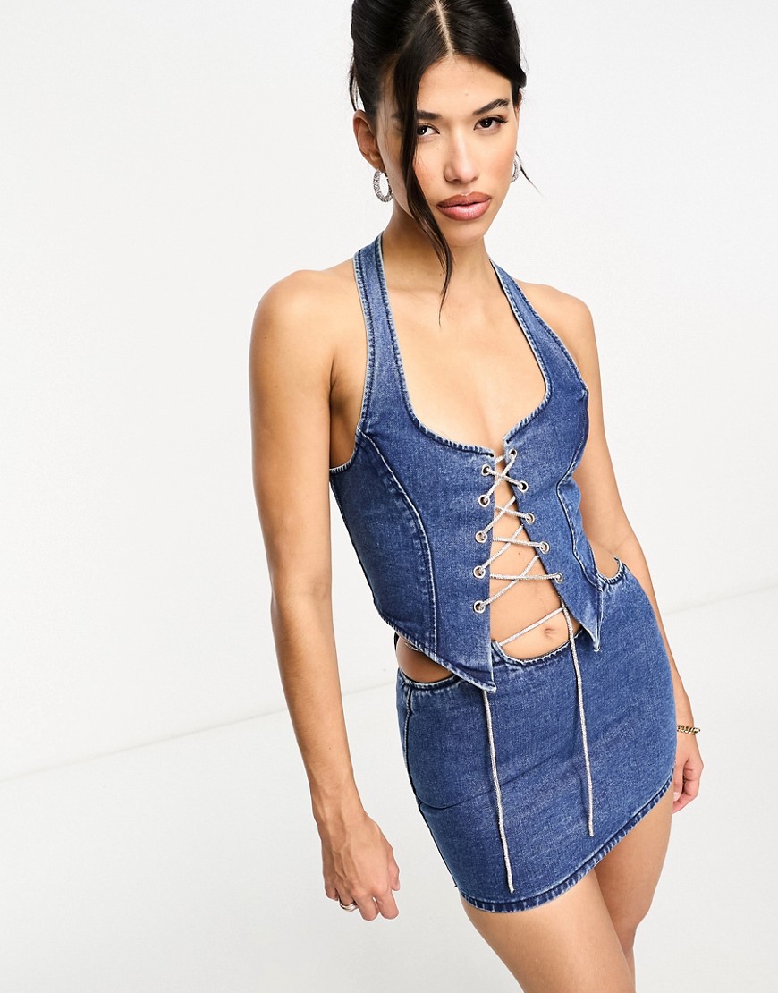 Kyo The Brand denim corset top with embellishment tie detail co-ord in blue