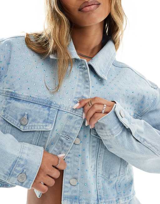 Kyo The Brand denim cropped diamante jacket co ord in light blue wash