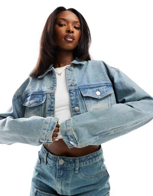 Kyo The Brand cropped denim jacket and mini skirt co ord in blue bleach wash ASOS