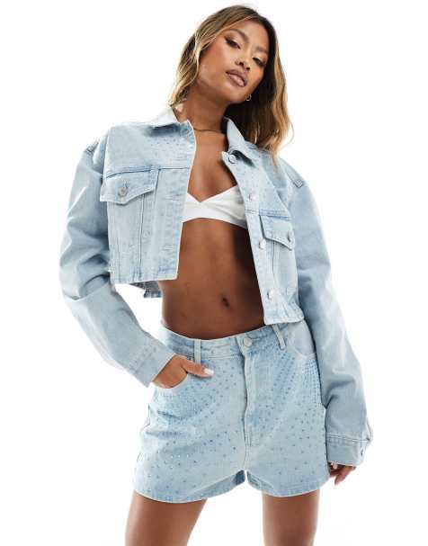 Kyo The Brand - Denimshorts med rhinsten i lyseblå vask - view 1
