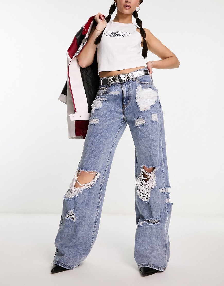Kyo The Brand distressed wide leg baggy jeans in blue