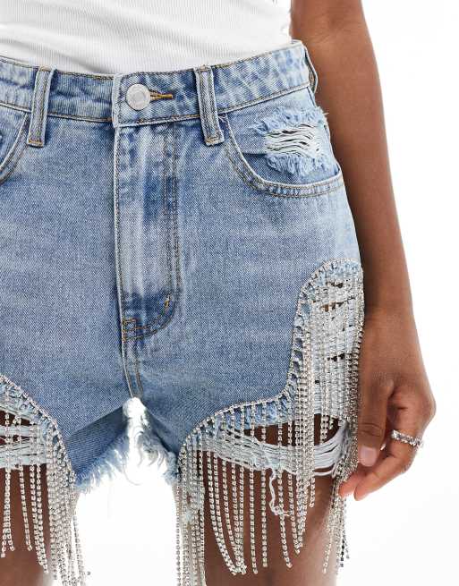 Kyo The Brand embellished distressed denim shorts in blue wash