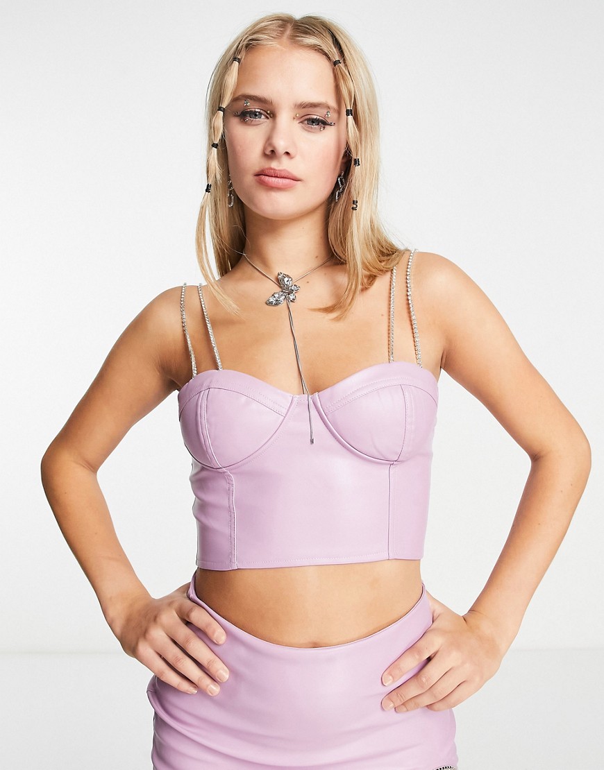 Kyo The Brand high leather look diamante detail corset top in lavender - part of a set-Purple