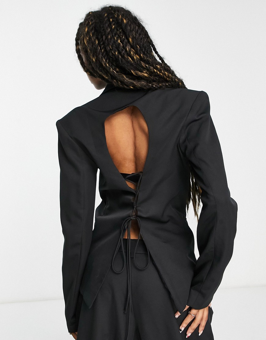 Kyo The Brand Lace Up Open Back Blazer In Black