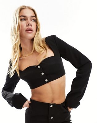 Kyo The Brand long sleeve crop top with diamante button detail co-ord in black - ASOS Price Checker
