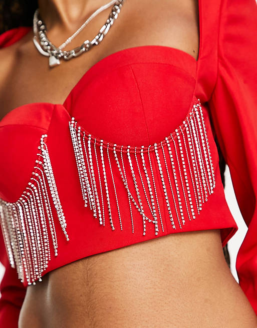 Kyo The Brand long sleeve diamante tassel trim corset top in red - part of  a set