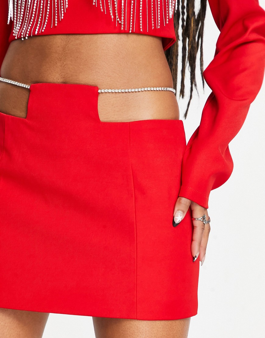 Kyo The Brand micro mini skirt with diamante cut out detail co-ord in red