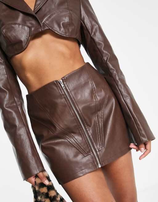 Kyo - The Brand - Minigonna a vita alta con zip frontale cioccolato in coordinato