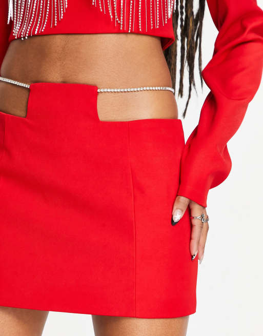 Kyo - The Brand - Minigonna micro rossa con cut-out e strass in coordinato
