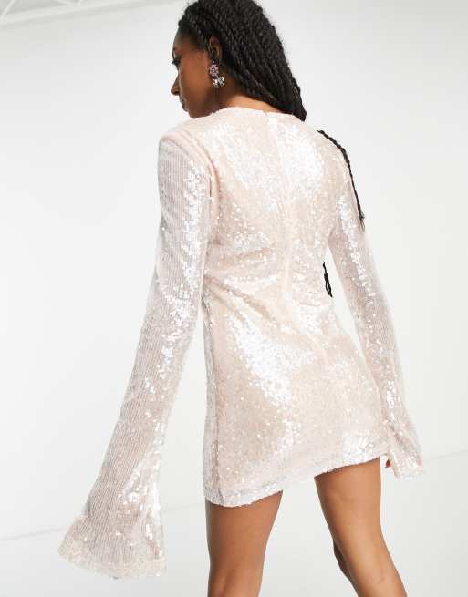 Kyo The Brand - Robe courte à sequins avec col montant et manches évasées - Taupe, 3 de 4