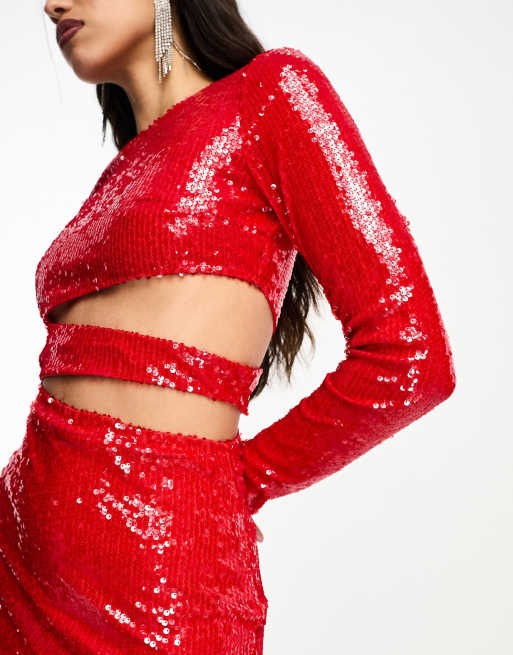 Kyo The Brand - Robe longue à sequins avec découpes à la taille et manches longues - Rouge, 3 de 4