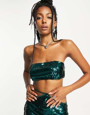 Kyo The Brand sequin bandeau crop top 3 piece co-ord in green