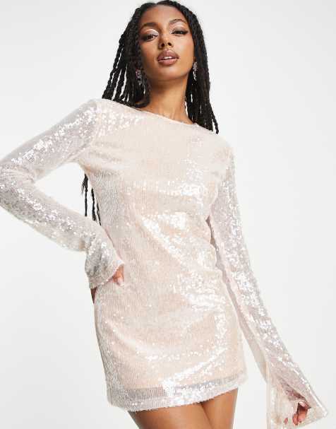 White long cheap sleeve sparkly dress