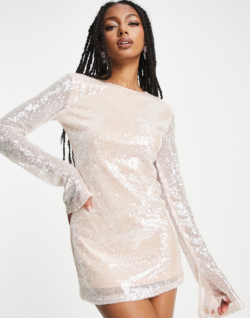 Kyo The Brand sequin high neck flare sleeve mini dress in taupe-Neutral