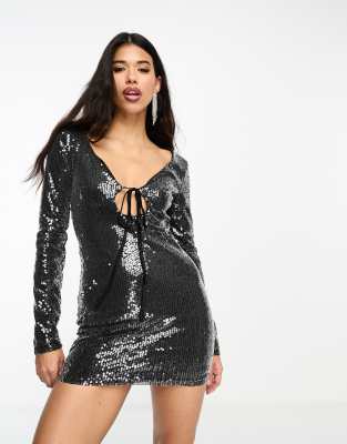 KYO Kyo The Brand sequin keyhole detail with tie mini dress in gunmetal-Grey