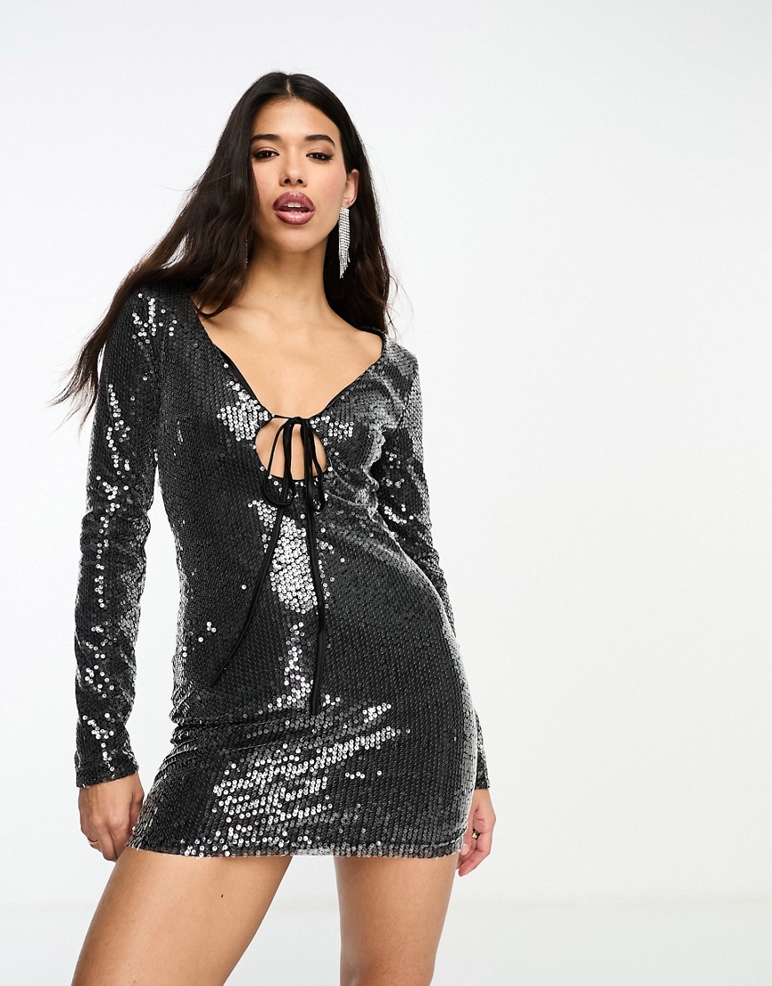The Brand sequin keyhole detail with tie mini dress in gunmetal-Gray
