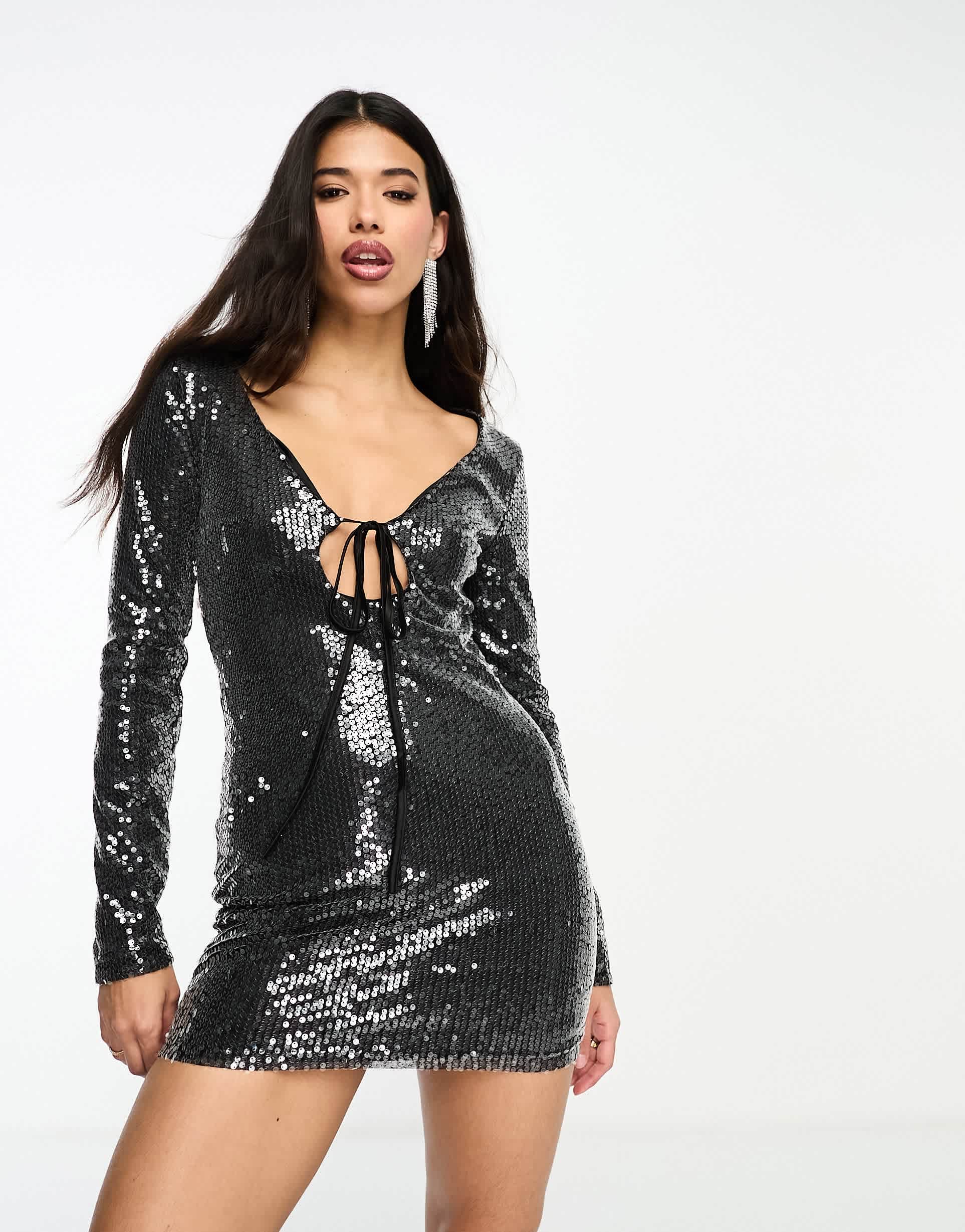 kyo the brand sequin keyhole detail with tie mini dress in gunmetal