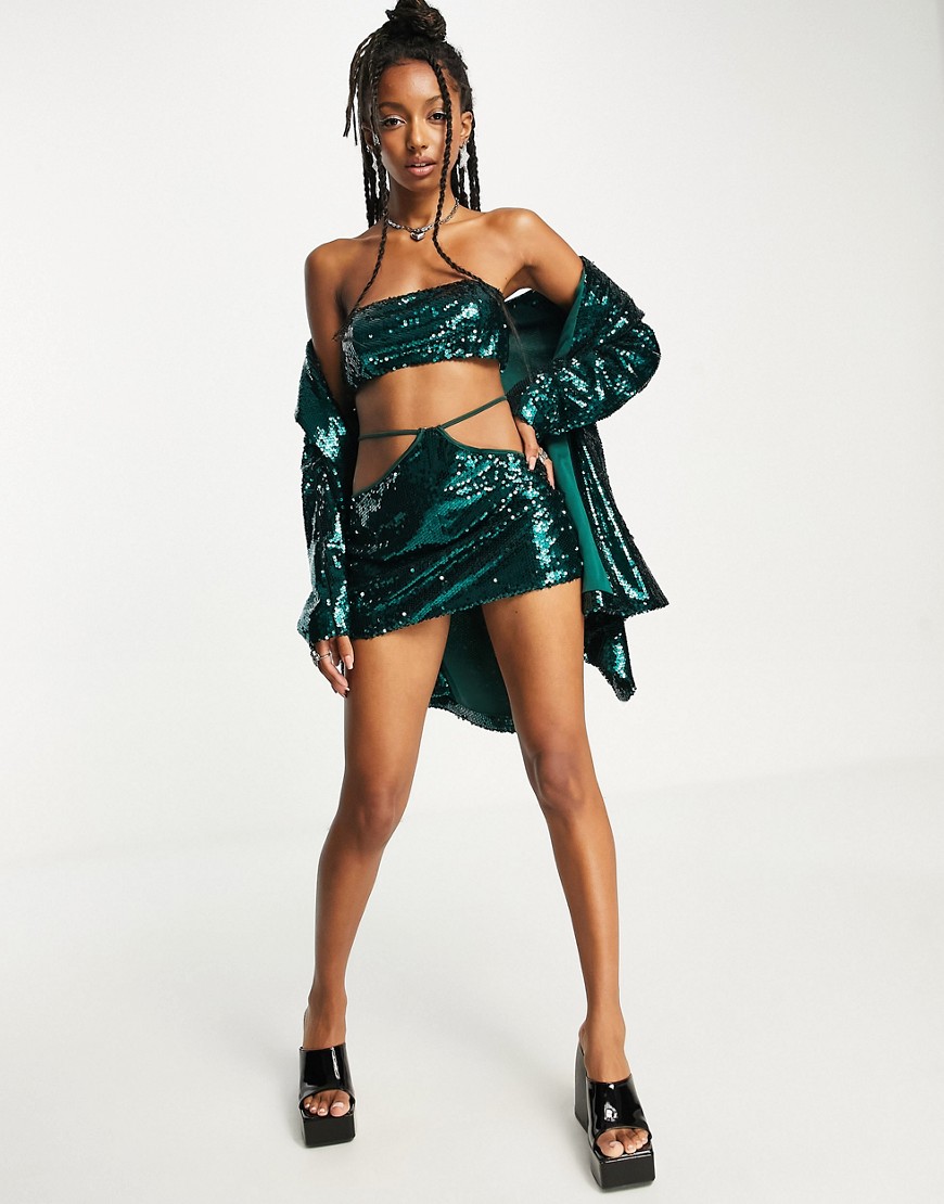 Kyo The Brand sequin mini skirt with cut out waist detail 3 piece co-ord in green