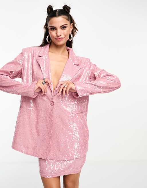 KYO The Brand - Skræddersyet, oversized og lyserød blazer med pailletter - Del af sæt, 3 af 4