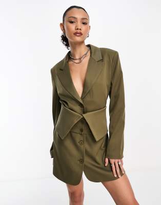 The Brand tailored blazer mini dress with removeable foldover belt detail in khaki-Green