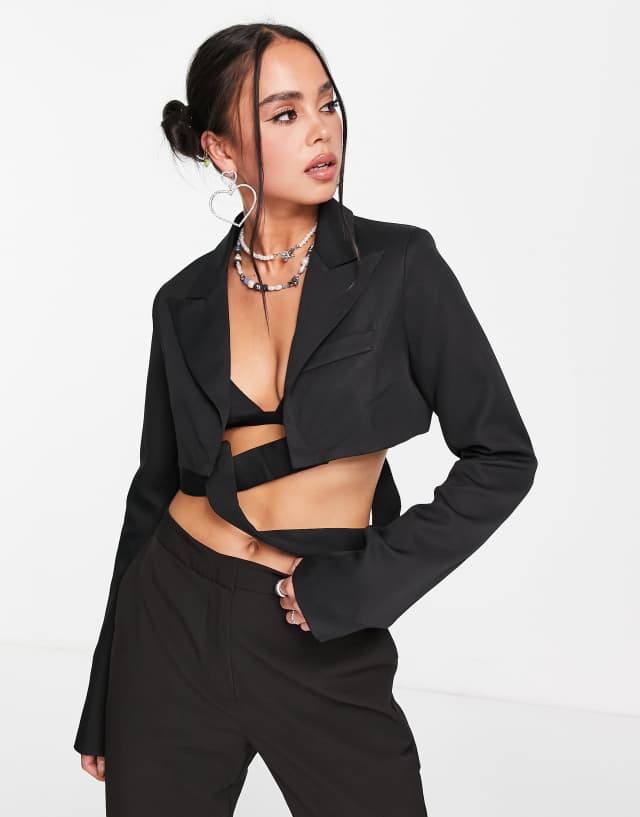 Kyo The Brand tie waist detail cropped blazer in black