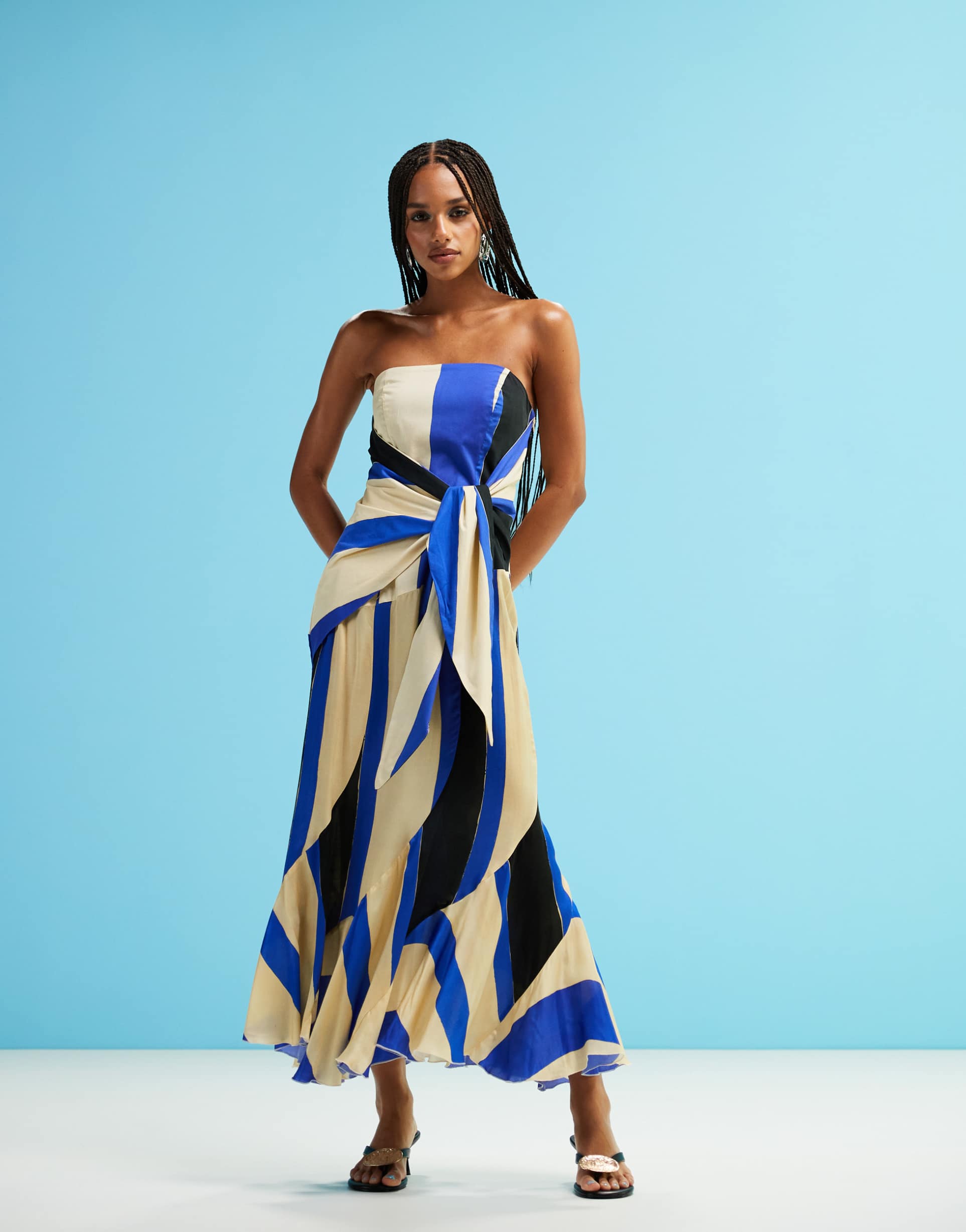laagam aria bandeau striped midi dress in blue