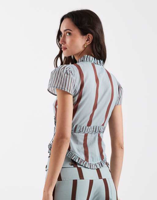 Laagam - Atena - Gestreepte blouse met overslag en strik in turquoise en bruin, 4 van 4