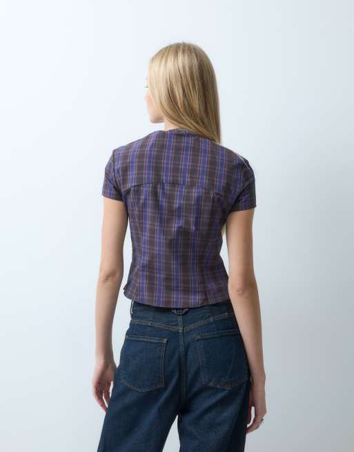 Laagam azura quared top in blue burgandy check, 4 of 4