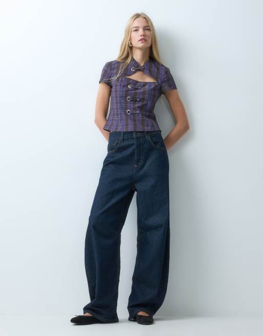 Laagam Azura squared top in blue burgundy check, 3 of 4