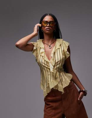 laagam bettina yellow stripe ruffle blouse