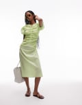 [Laagam] LAAGAM Boa ruched front midi dress with puff sleeves in green L GREEN