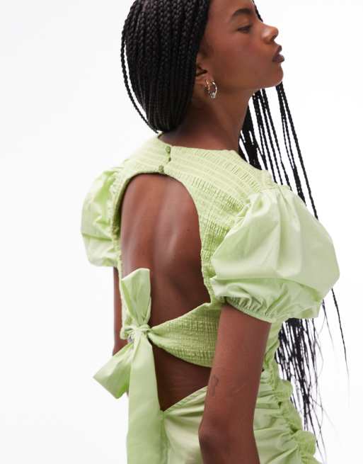 LAAGAM boa ruched front midi dress with puff sleeves in green | ASOS