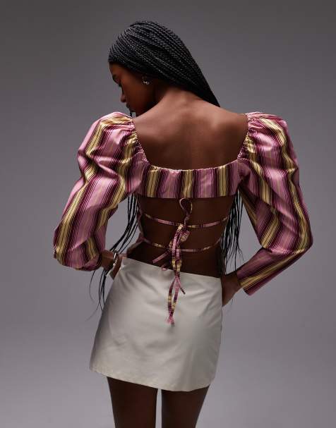 LAAGAM brigitte puff sleeve blouse with open back in pink stripe
