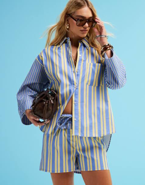 LAAGAM caos poplin oversized shirt and boxer in contrast blue and yellow stripe co-ord - view 1