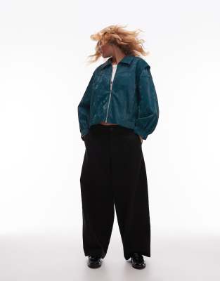 Laagam Cupido Textured Bomber Jacket With Puffed Long Sleeves In Blue