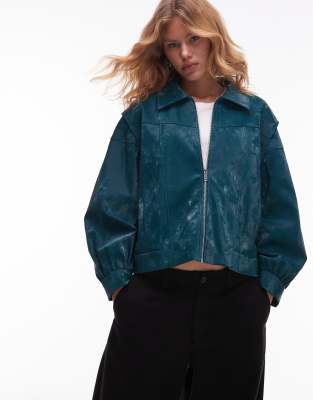 Laagam Cupido Textured Bomber Jacket With Puffed Long Sleeves In Blue